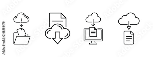 Cloud File Download and Document Transfer Icons Set, Black and White Linear Cloud Storage Symbols, Minimal Download Files, Data Backup and Upload Interface Icons for Web, App and UI Design