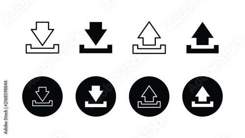 Download and Upload Arrow Icons Set, Black and White File Transfer Symbols, Minimal Linear and Filled Download Upload Buttons for Web, App, UI, Interface and Digital Technology