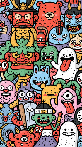 A colorful pattern illustration featuring a collection of cute monsters and Japanese folklore creatures arranged in a whimsical doodle style design