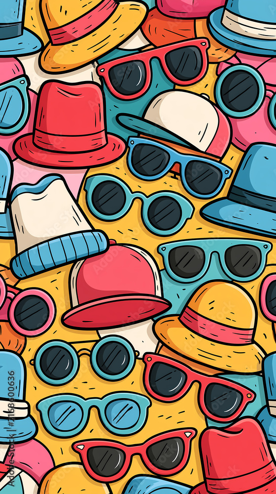 A colorful seamless pattern of various hats and sunglasses displayed in a fun doodle style illustration for summer fashion designs