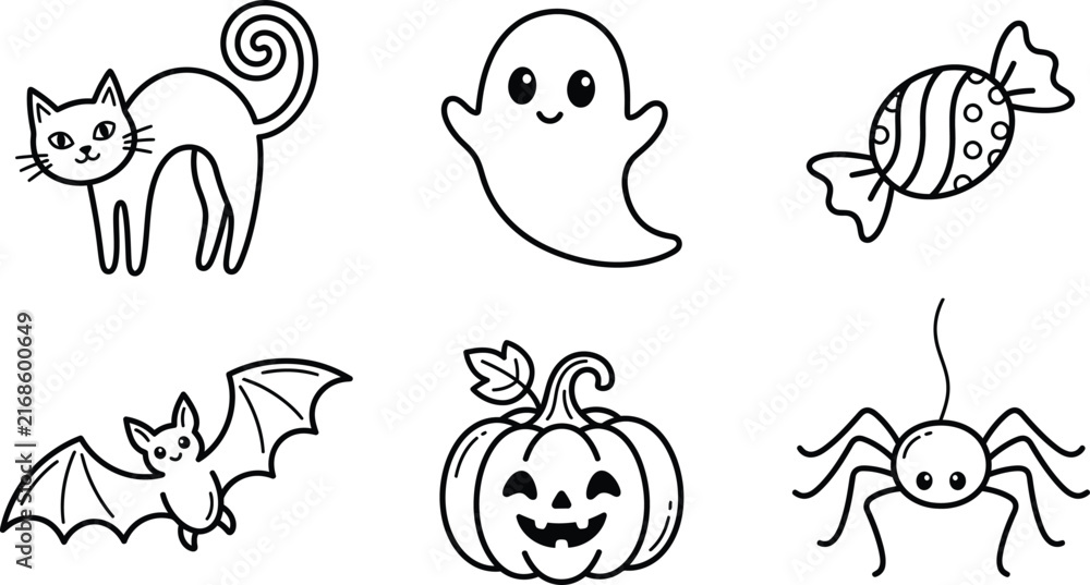 Obraz premium Cute Halloween Outline Icon Set with Cat Ghost Pumpkin and Bat