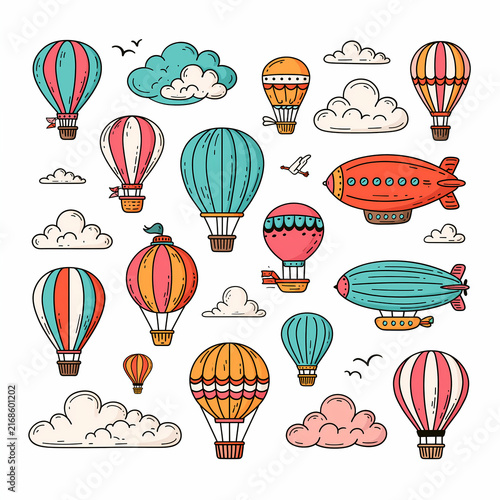 A collection of colorful hand drawn hot air balloons and airships flying among fluffy clouds in a whimsical sky illustration
