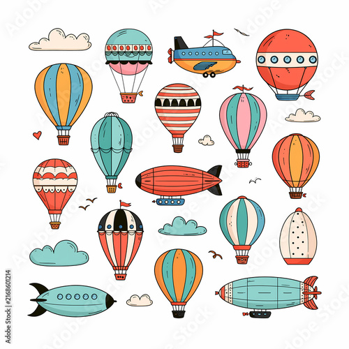 A collection of colorful hand drawn hot air balloons and airships floating in the sky with clouds and birds in a cute doodle style illustration