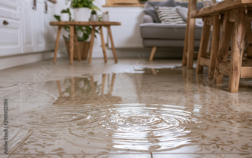Flooded kitchen floor with puddles from pipe leakage. Damaged interior home space wet surface. Water spreads across tiles near modern furniture. Domestic emergency accident causes property