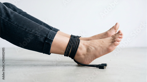 Woman feet tied with black charger cable conceptualizing cyber harassment, digital violence, and smartphone surveillance isolated on white background