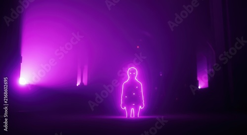 Ethereal humanoid silhouette glowing with vibrant purple neon light in a dark hall.