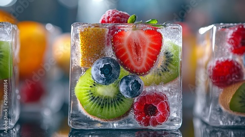 Macro view of fresh raspberry kiwi blueberries frozen in crystal ice cube with sparkling droplets creates refreshing fruit dessert scene for summer drink nutrition vitamins and healthy lifestyle theme