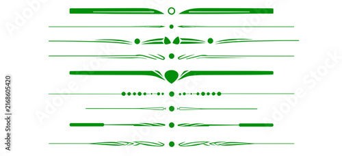 Green decorative dividers for elegant designs. Minimal geometric ornamental line art with symmetrical motifs. Horizontal vector illustration set.