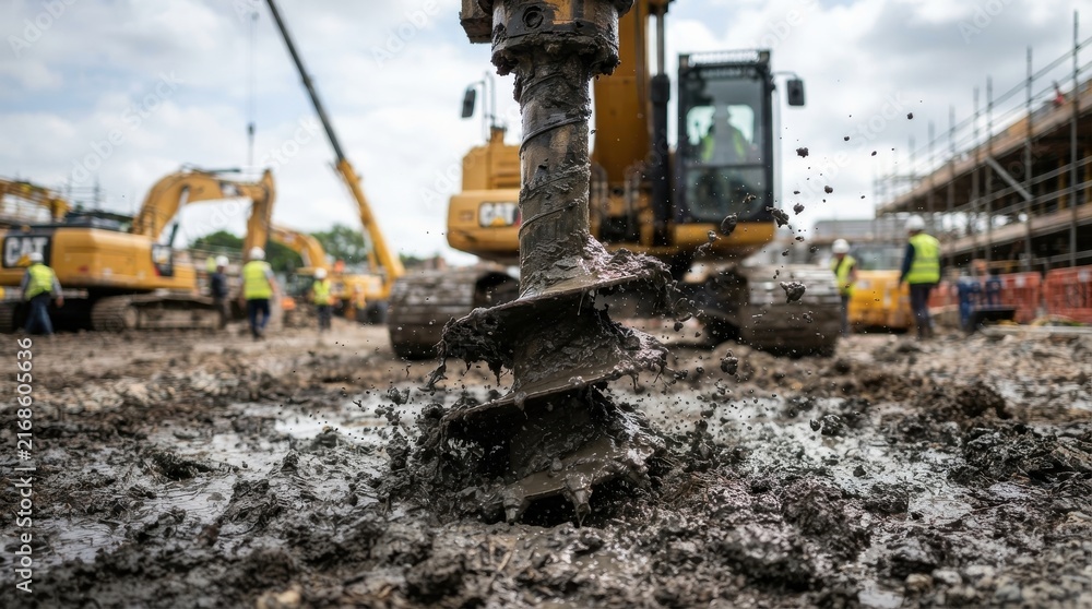 Fototapeta premium Heavy construction equipment drilling into muddy ground on a site