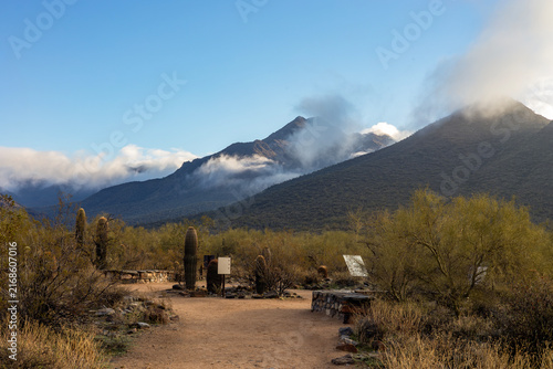 Seating Area At Hiking Trail In Scottsdale AZ With McDowell Mountains In Background
