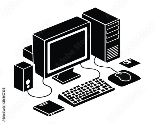 Retro isometric desktop computer setup icon for vintage technology UI