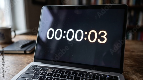 Fototapeta Laptop screen displaying a countdown timer showing 00:00:03 with a notebook and coffee mug in the background