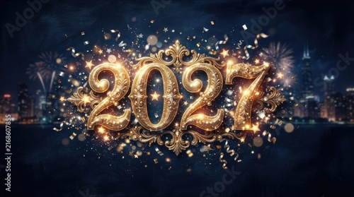 Golden 2027 new year celebration with fireworks and confetti