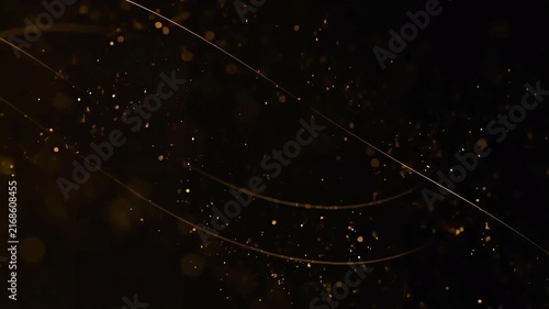 Elegant gold glitter particles and glowing curved lines on a dark background.