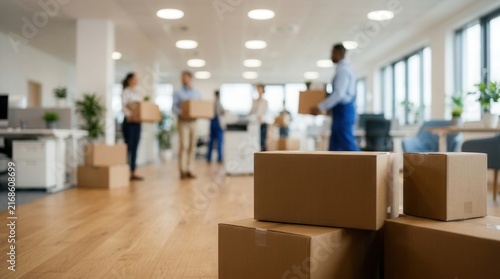 Fototapeta kuchenna Office workers coordinating as movers lift outdated filing cabinets and broken furniture with cardboard boxes stacked neatly in a clean design office background.