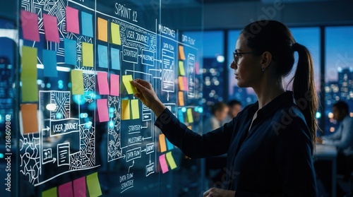 Corporate teamwork and adaptability shown by a woman planning agile business strategy with sticky notes on a glass board.