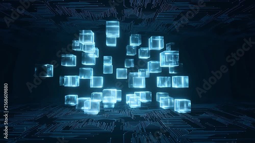 Abstract 3D illustration of glowing blue data cubes floating in a dark digital space representing blockchain technology.
