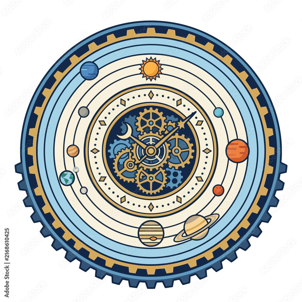 Fototapeta premium A detailed illustration of a mechanical clock with orbiting planets