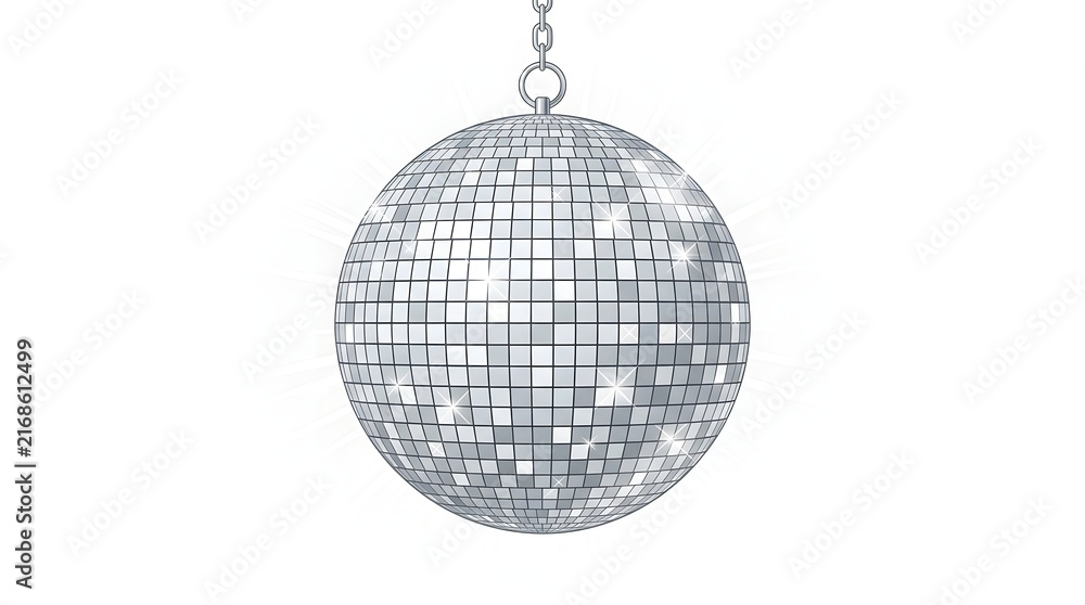 Obraz premium Realistic silver disco mirror ball hanging on a chain isolated on white background