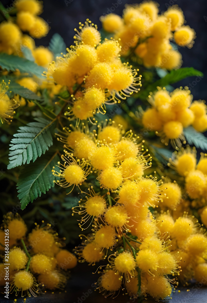 Obraz premium Mimosa flowers in bloom, spring and nature concept, bright yellow floral background with green leaves