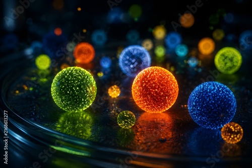 Quantum Dot Particles Glowing as Nanoscale Spheres in Dark Controlled Scientific Research Environment Concept Visualization