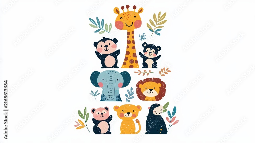 Fototapeta premium Adorable Cartoon Animals with Giraffe, Panda, Elephant, Lion, and Playful Designs