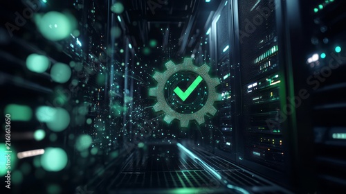 Futuristic data center corridor glowing with green cyber security check mark, server racks, digital network protection, cloud computing infrastructure advanced technology verification system concept