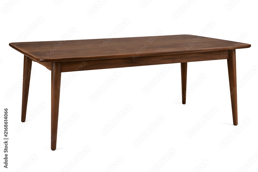 Fototapeta premium Mid Century Dining Table on Pure White Background Professional Studio Furniture Photography with Warm Walnut