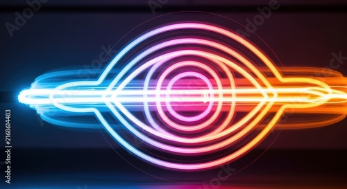 Abstract futuristic background with glowing neon lines forming an eye shape with concentric circles.