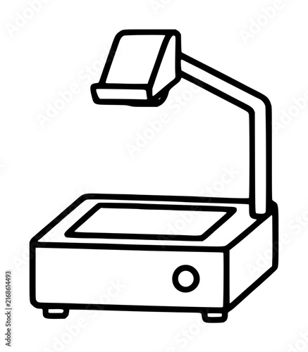Clean minimalist vector icon of a vintage overhead projector, ideal for educational presentations or office meetings. This detailed line art illustration showcases the base, arm, and lens head.