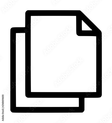 Minimalist black and white vector icon illustration of two overlapping sheets of paper with a folded top corner, symbolizing documents, files, and office stationery for professional organization.