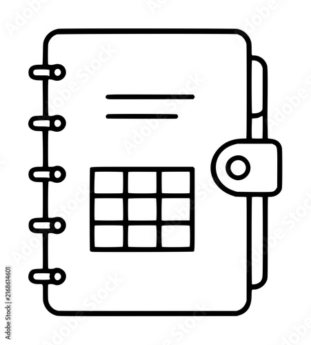 Minimalist vector icon of a spiral-bound personal planner notebook with a pen holder and clasp, featuring a calendar grid on the cover for organization and scheduling, black line illustration.