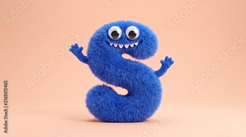 Excited blue fuzzy monster character shaped like letter S with raised arms