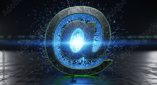 A glowing blue at-symbol representing the internet and digital communication in a futuristic setting.