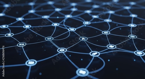 Abstract visualization of a glowing digital network with interconnected nodes representing data and communication.