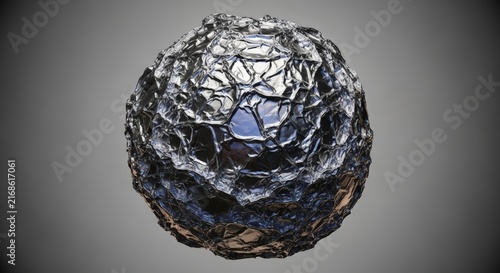 Abstract 3D rendering of a dark, crumpled metallic sphere with a highly textured and reflective surface.