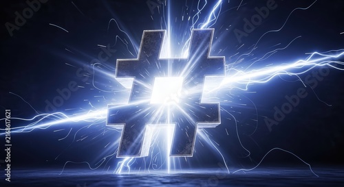 A powerful hashtag symbol glowing with bright blue electrical energy and lightning bolts.