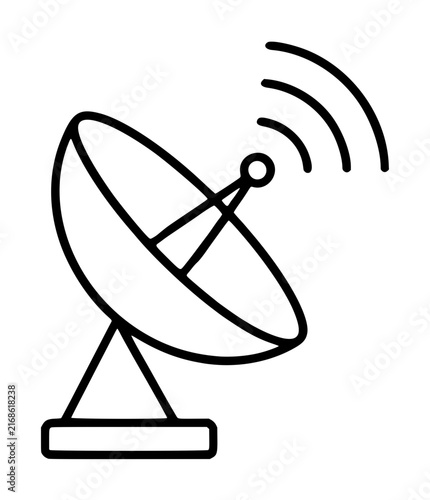 Fotografía Minimalist vector icon illustration of a satellite dish antenna transmitting wireless signals for global communication, telecommunications, broadcasting, and data reception in a clean line style