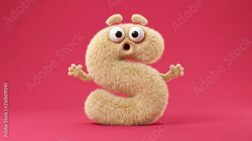 Surprised beige fuzzy monster character shaped like letter S with ears