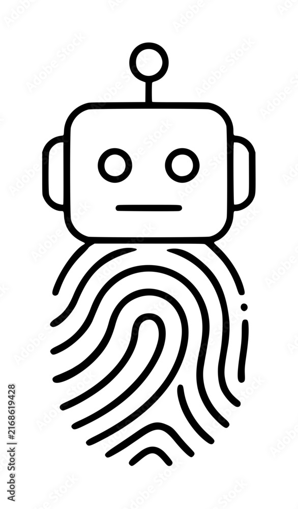 Naklejka premium Minimalist vector icon illustration of a robot head seamlessly merging with a biometric fingerprint pattern, representing digital identity, security, and the fusion of technology and human touch.