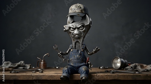 Cartoon wrench character with tools and grungy workshop background