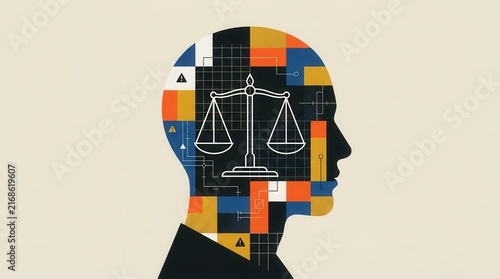 Artificial intelligence ethical control, justice, accountability, and ai governance symbolized by a balance scale in an abstract human head.