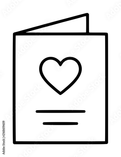Konstfotografi Elegant black line art vector icon of a folded invitation card with a heart emblem and text placeholders, ideal for romantic greeting card designs and wedding rsvp card illustrations