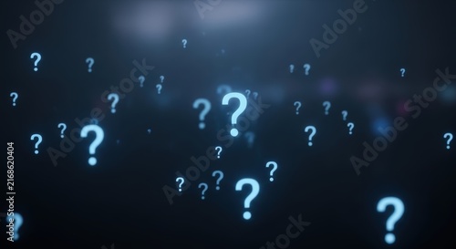 Numerous glowing blue question marks floating in a dark, abstract digital space.