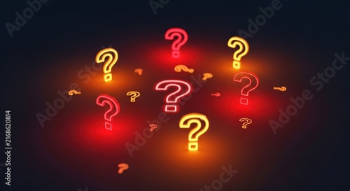 A cluster of glowing red and yellow neon question marks floating in a dark space, representing mystery and inquiry.