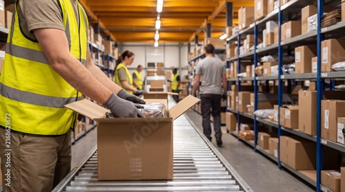 A worker in a safety vest is meticulously packing products into boxes in a busy fulfillment center