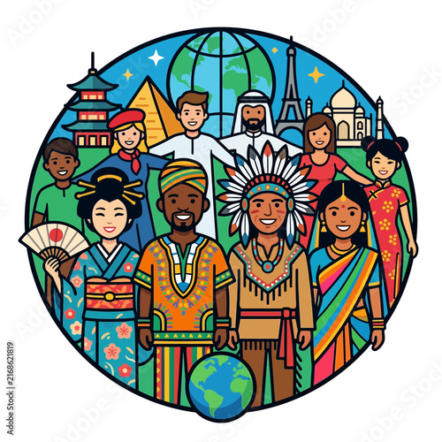 Global unity and multicultural diversity illustration showing people from different culture backgrounds and world landmarks in a circular design.