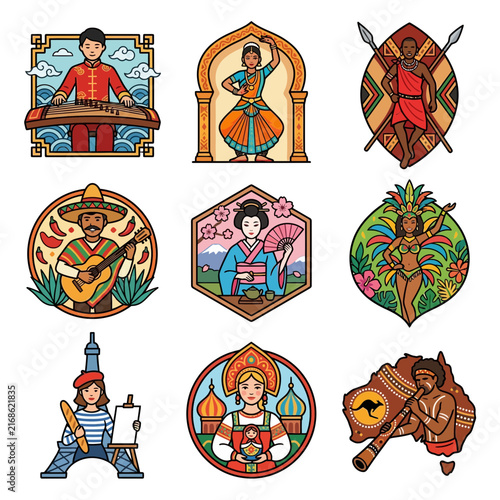 Collection of pixel art badges showcasing global culture and human diversity from across the world in traditional attire.