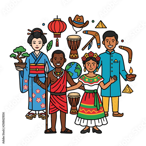 Diversity - A diverse group of multicultural people celebrating tradition with global cultural icons representing world unity and heritage.