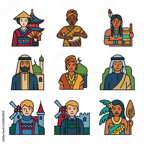 Promoting diversity and global culture with people icons of various ethnicity backgrounds and traditional landmarks.
